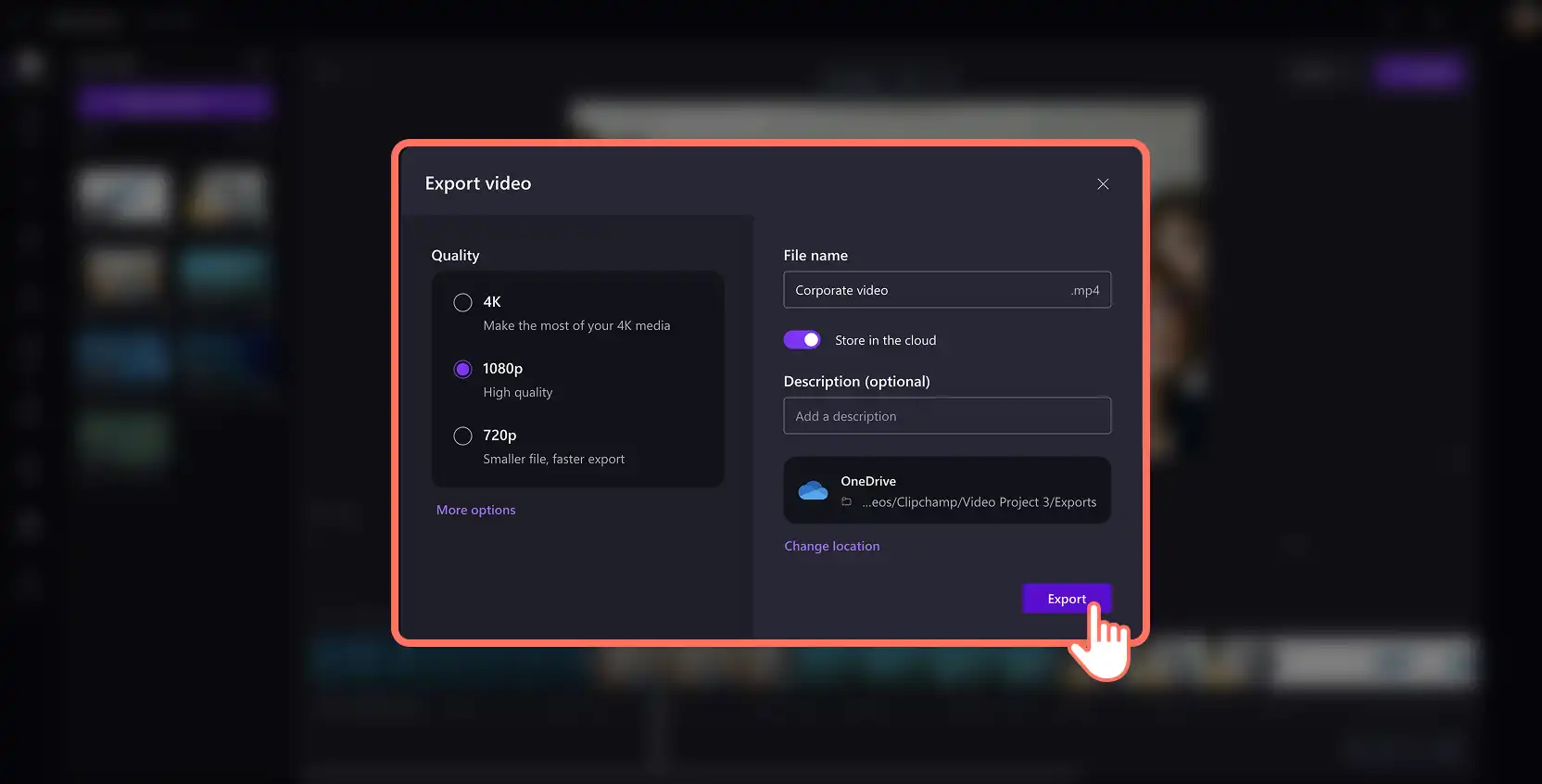 En användare sparar en video i hög kvalitet i OneDrive med hjälp av Clipchamp för arbete.