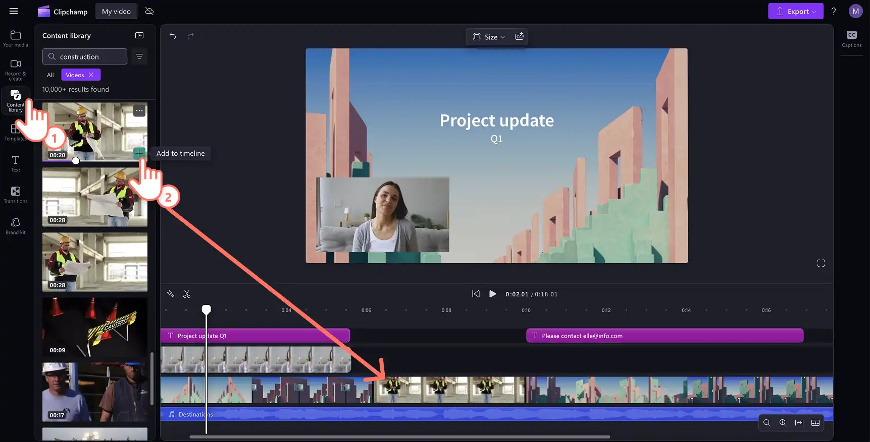 Usuário adicionando sobreposição de vídeo de estoque no Clipchamp
