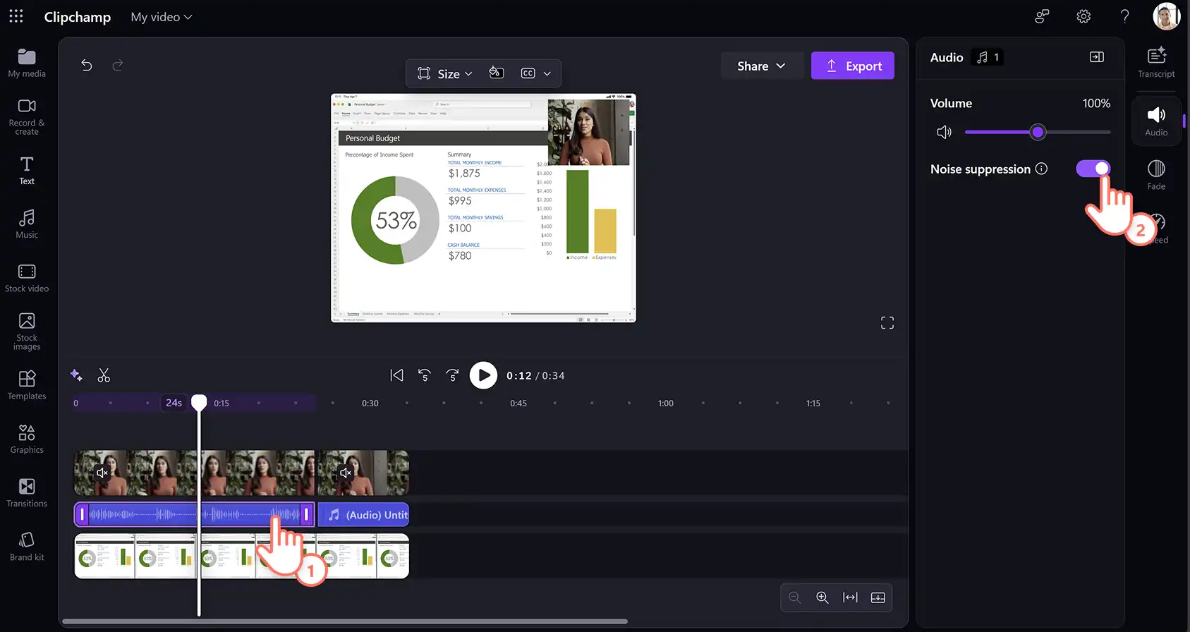 Usuário aplicando supressão de ruído por IA a um vídeo de demonstração de produto no Clipchamp para o trabalho.