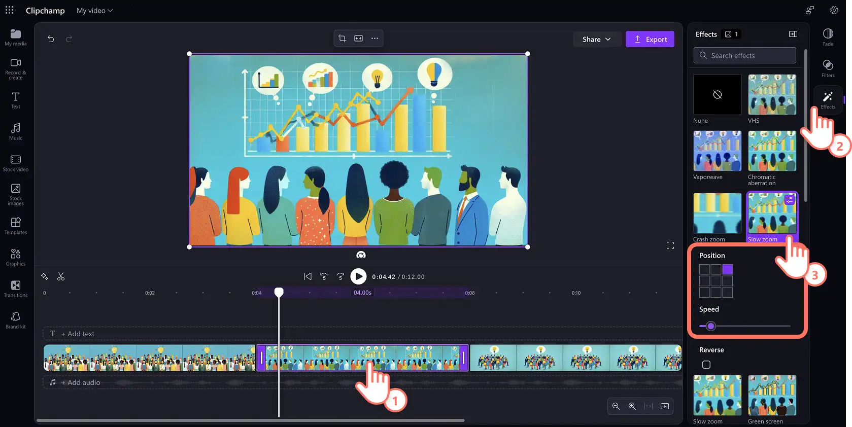 Un utilisateur ajoutant un effet vidéo à une image dans Clipchamp pour le travail