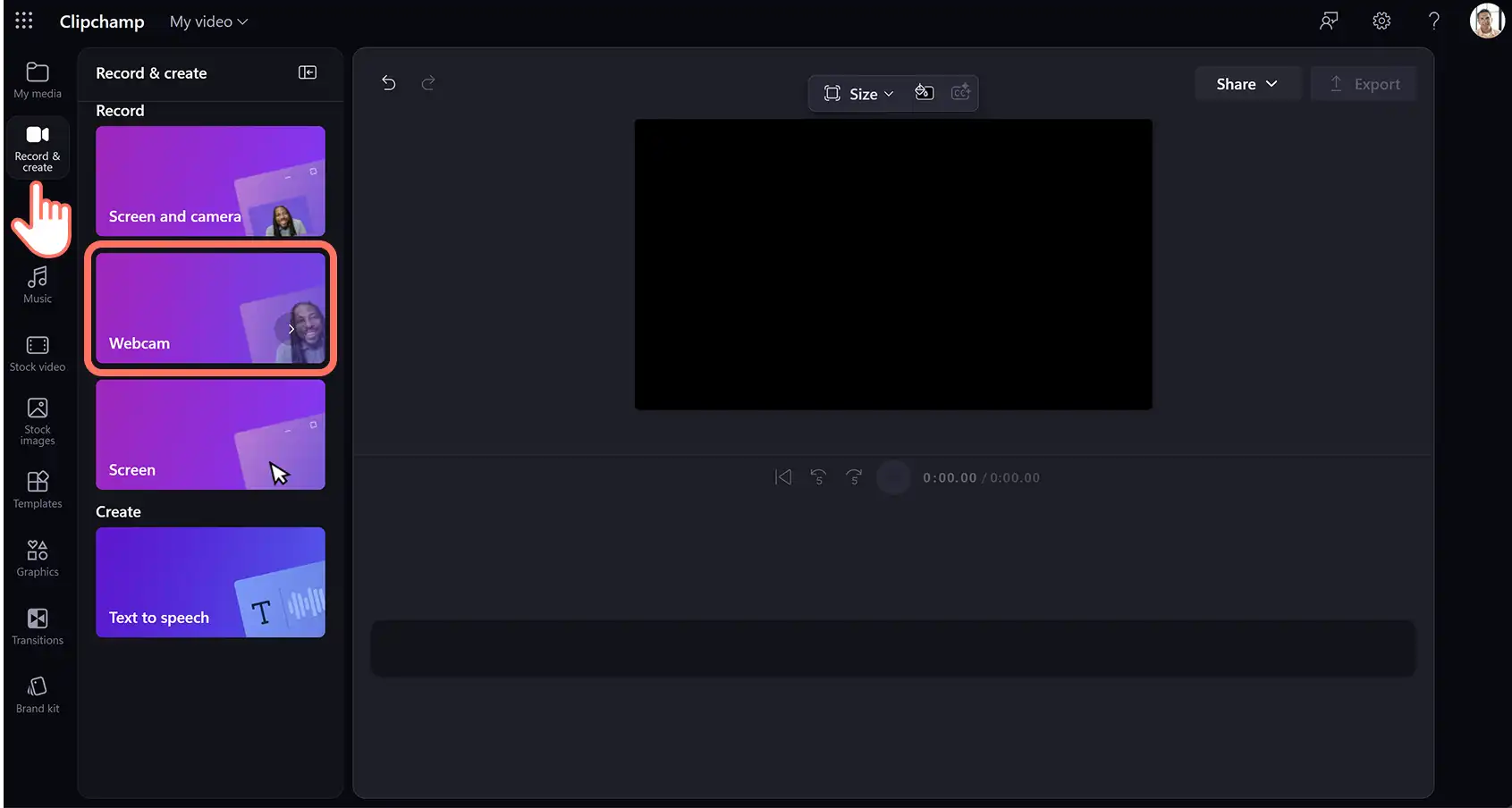 Użytkownik wybierający rejestrator obrazu z kamery internetowej w usłudze Clipchamp do pracy.