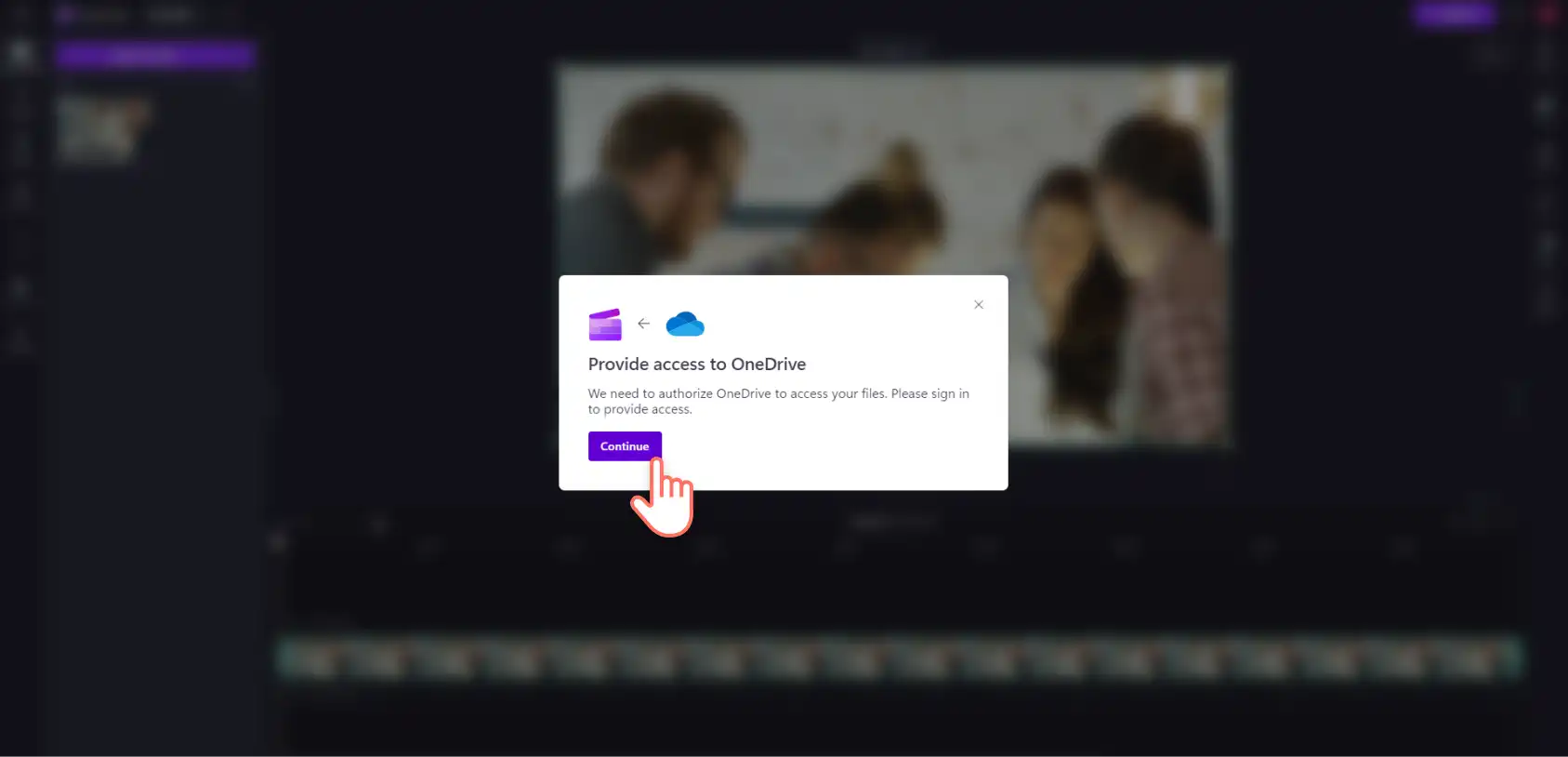 Ein Bild, das zeigt, wie ein Clipchamp-Benutzer die Berechtigungen für Clipchamp einstellt, um den Zugriff auf OneDrive zu ermöglichen