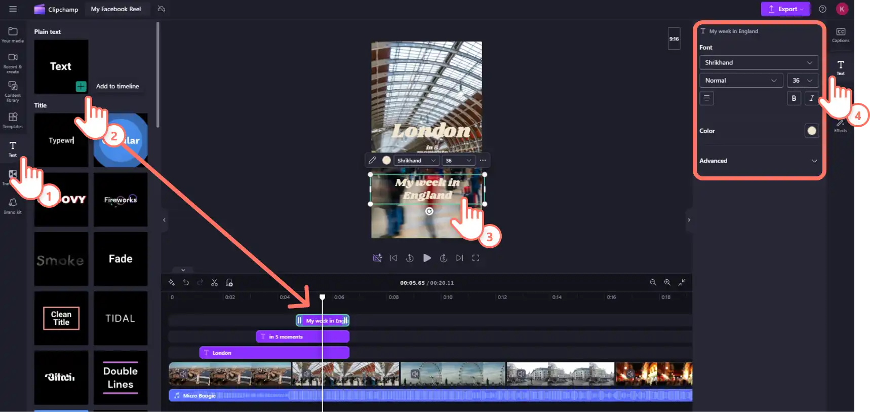 A user modifying the text in Clipchamp.