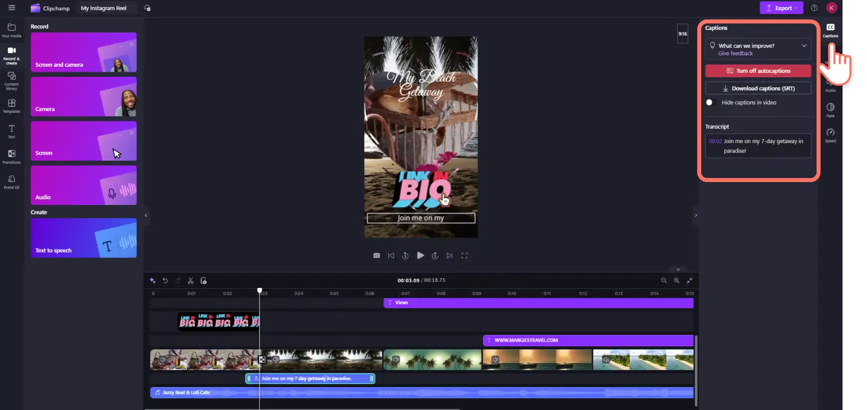 Người dùng Clipchamp đang thêm phụ đề tự động vào video Reel trên Instagram của mình.