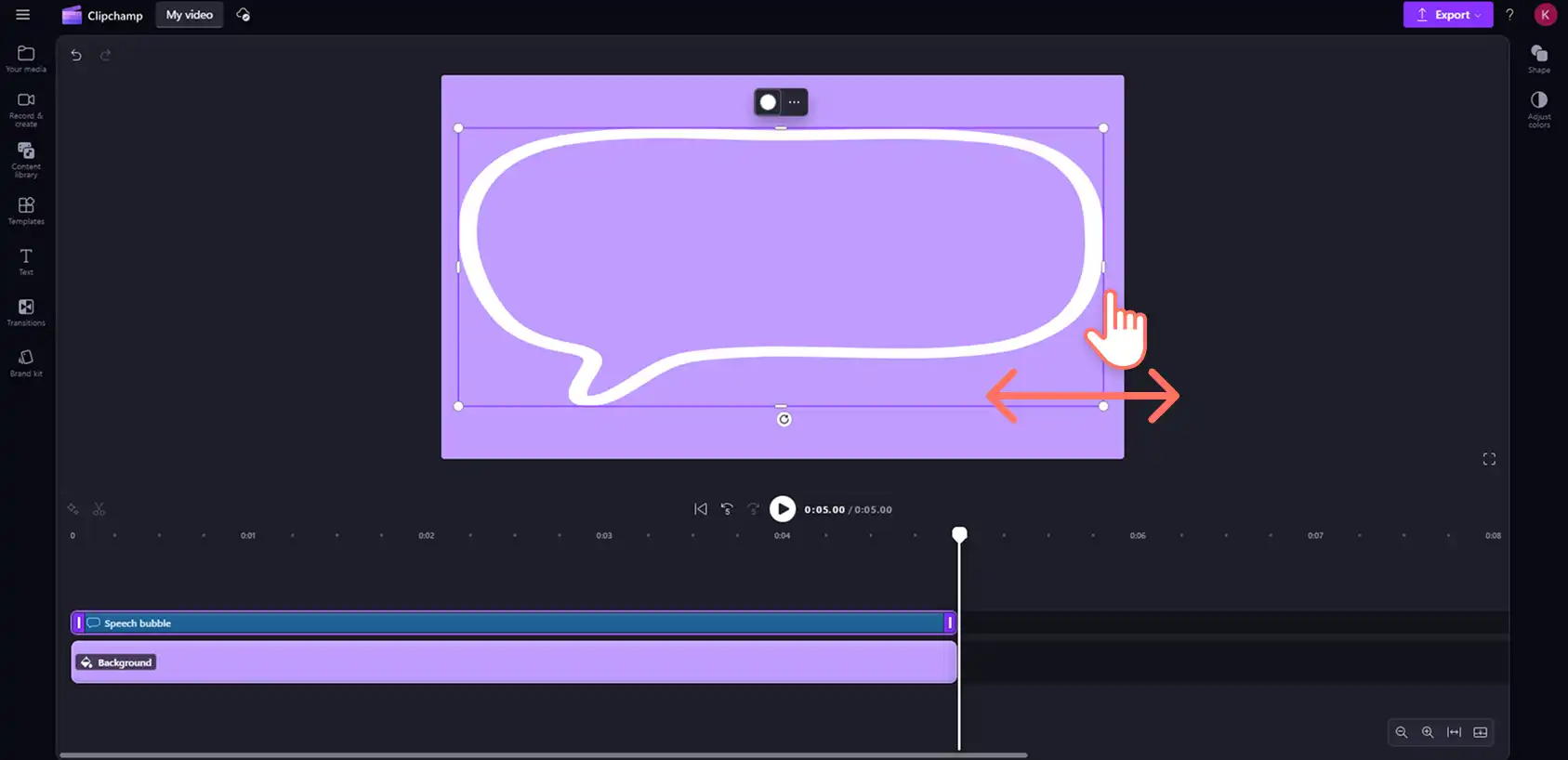 Un utilizator care întinde forma unei bule de vorbire în Clipchamp. 