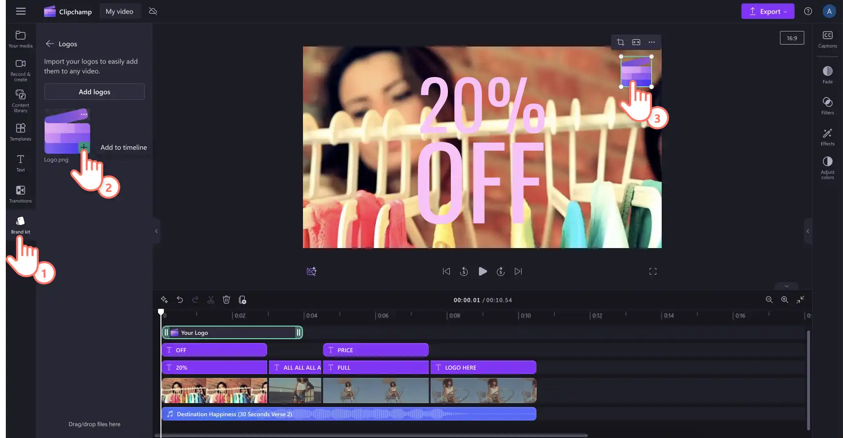Ein Bild eines Benutzers, die ein Wasserzeichen zu einem Video in Clipchamp hinzufügt. 