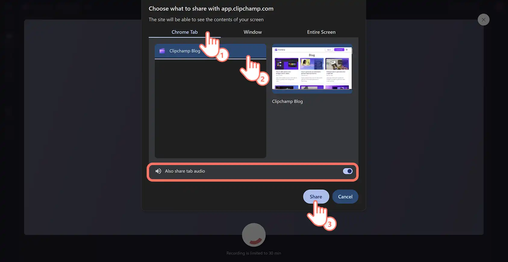 Käyttäjä valitsemassa Chrome-välilehteä sen sisällön tallentamiseksi näytöntallentimella Clipchamp-videoeditorissa.