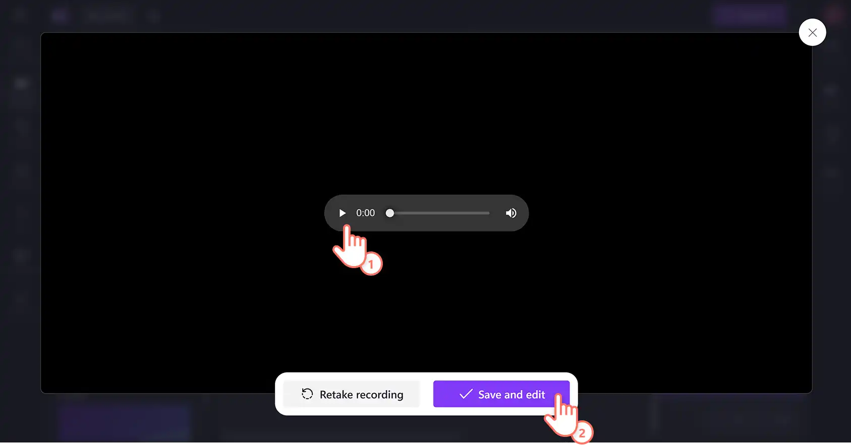 En bruker som klikker på «Lagre og avslutt»-knappen i den nettbaserte taleopptakeren i videoredigeringsprogrammet Clipchamp.