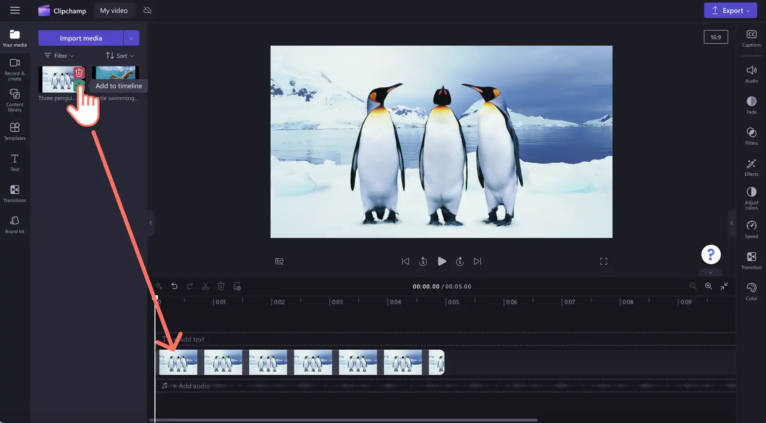 An image of a user adding an image asset to the timeline.