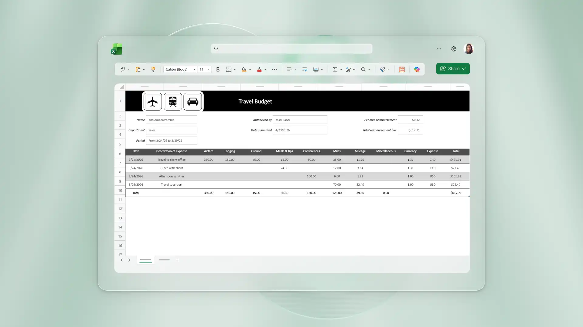 Шаблон бюджету подорожей у програмі Microsoft Excel. 