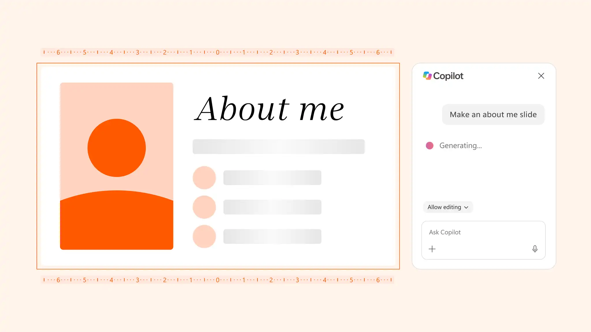 Copilot generating an about me slide draft from a prompt in Microsoft PowerPoint.