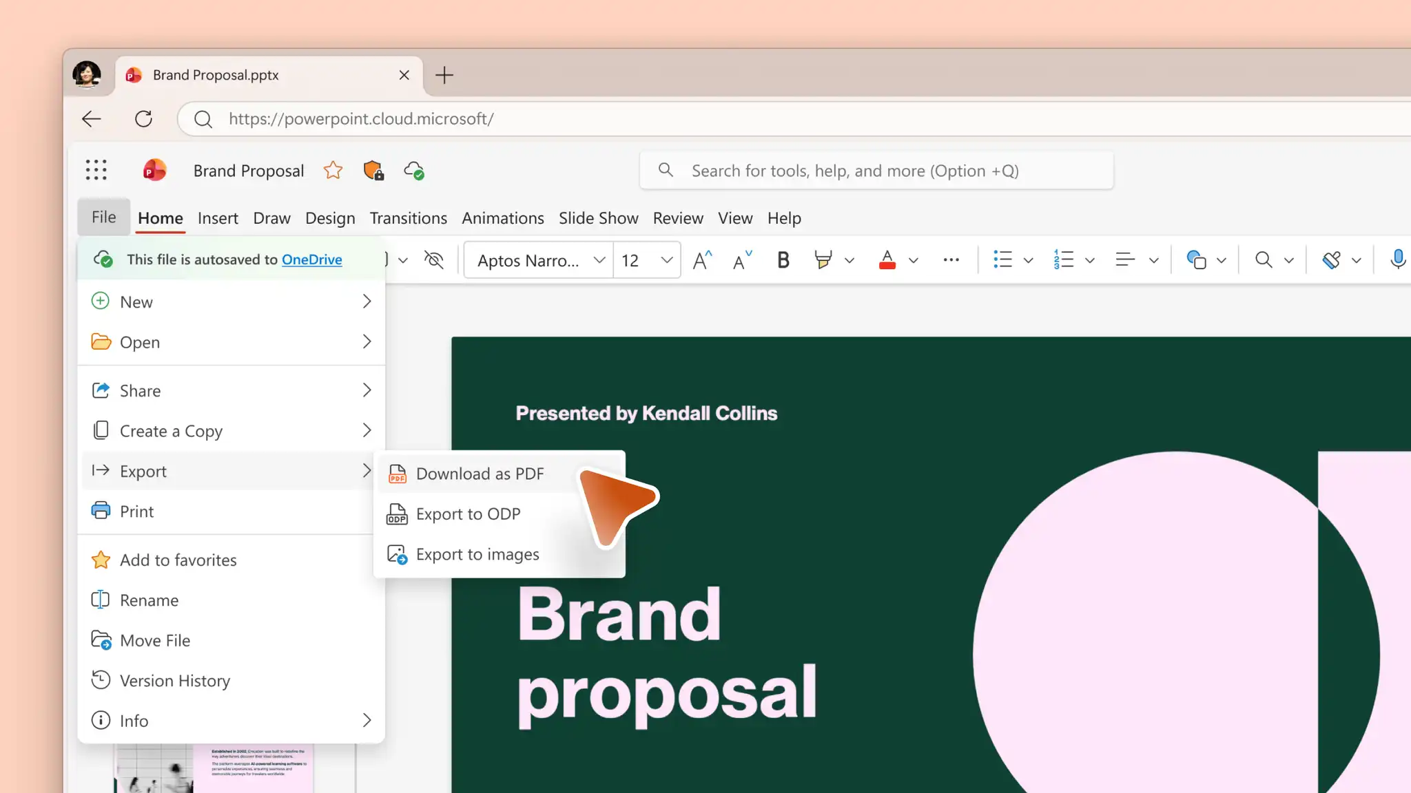 Downloading a presentation as a PDF in Microsoft PowerPoint.