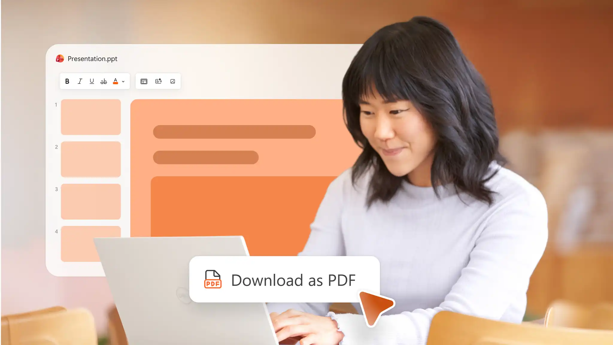 A user downloading a presentation as a PDF in Microsoft PowerPoint.