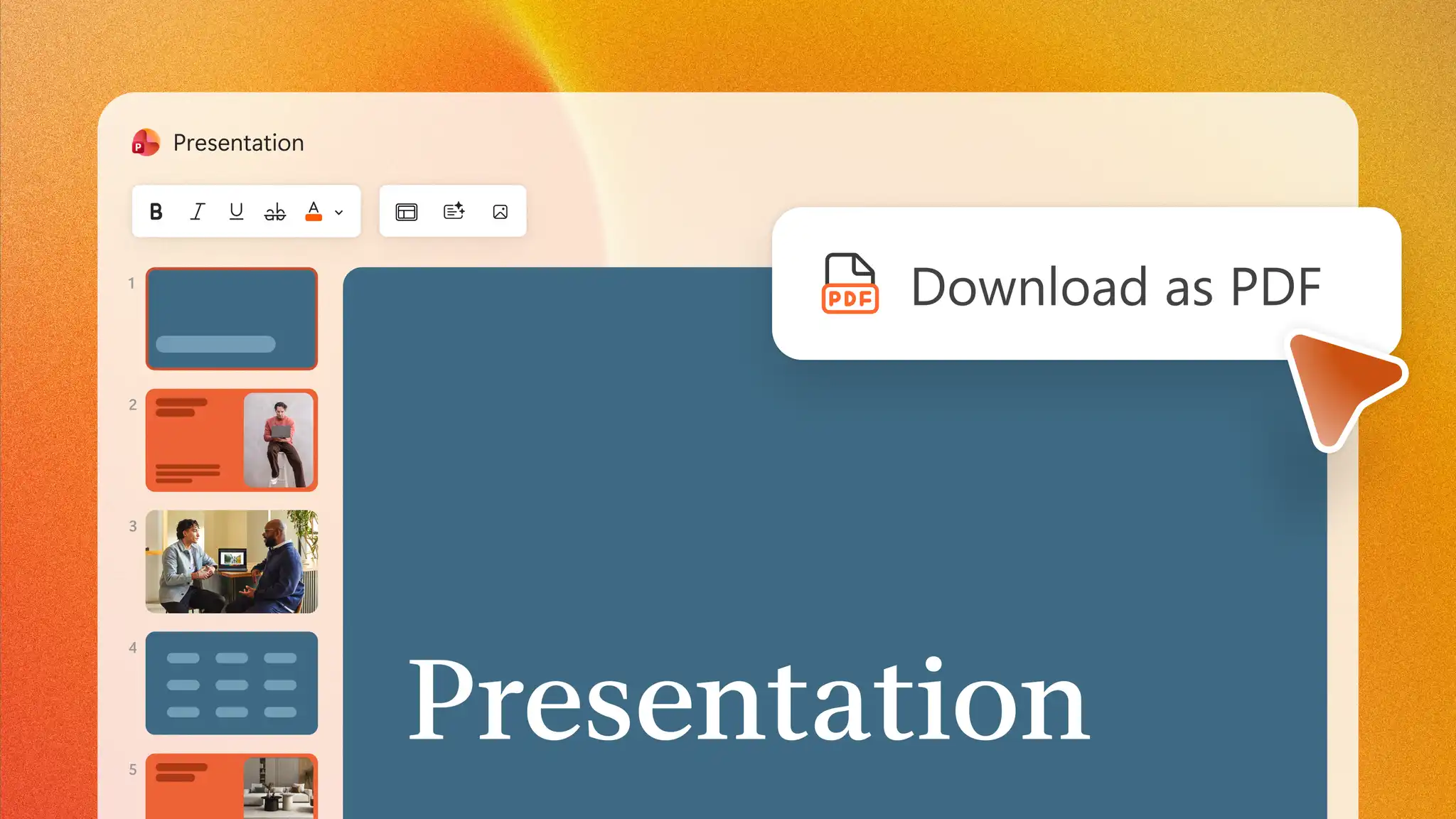 A presentation open in PowerPoint with the option of downloading as a PDF available.