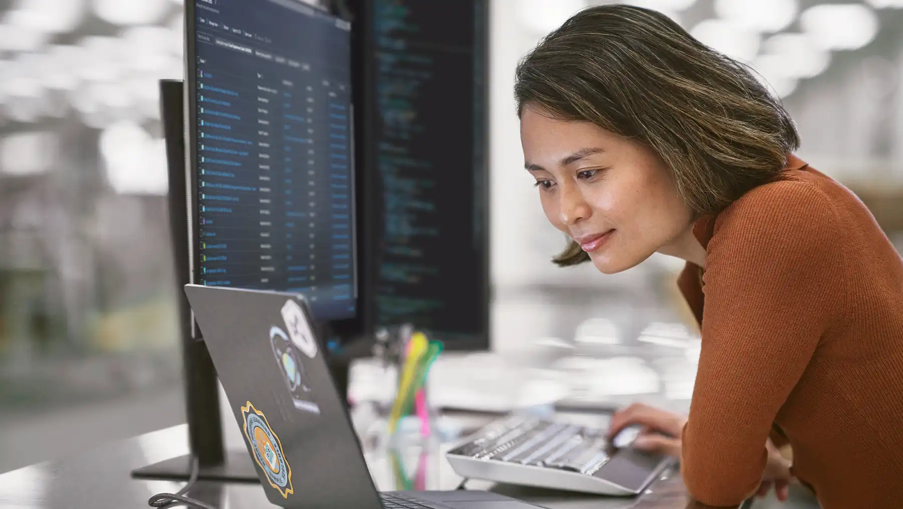 A woman on the computer.