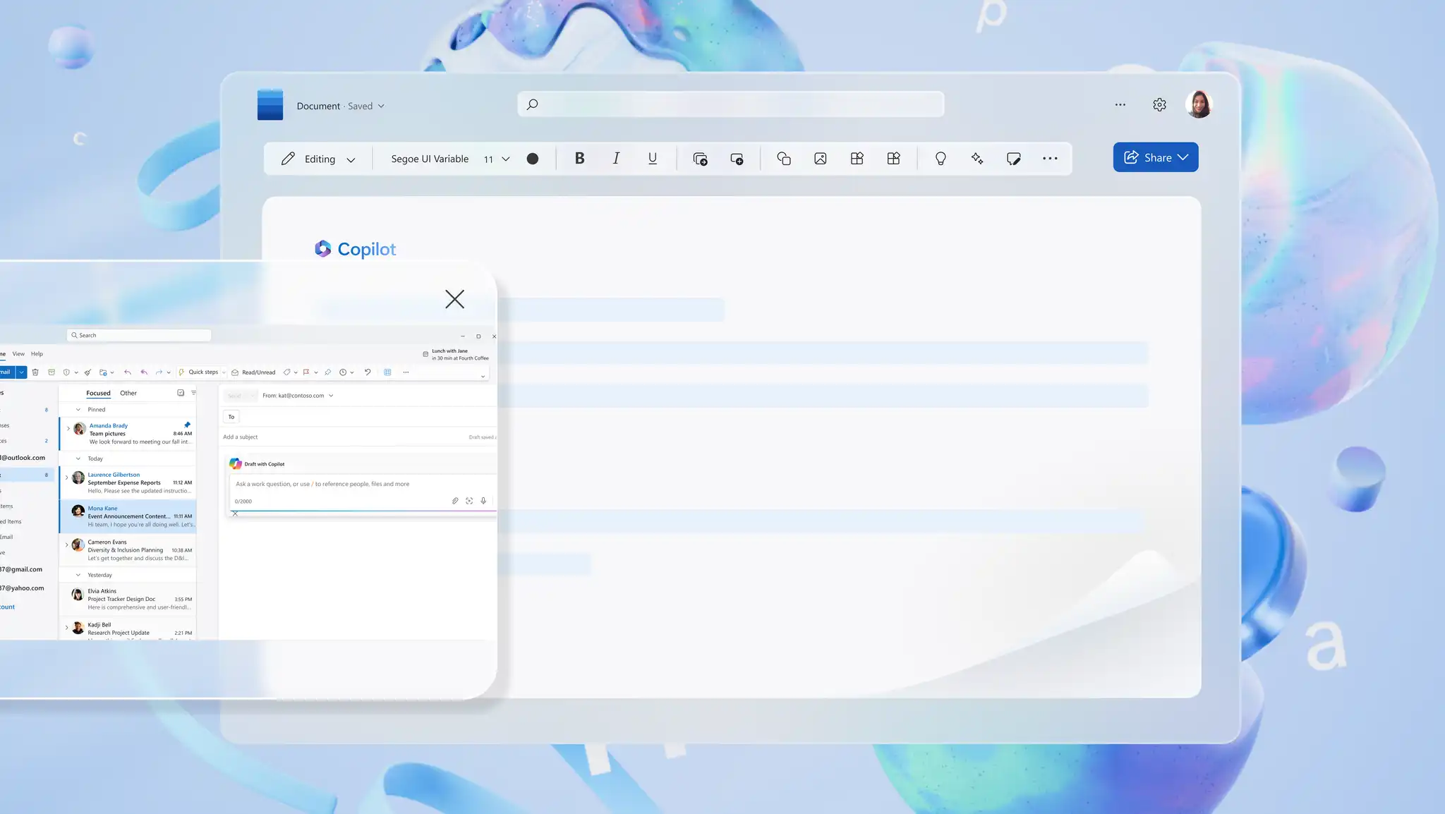 A user generating an email from a document with Copilot in Word.