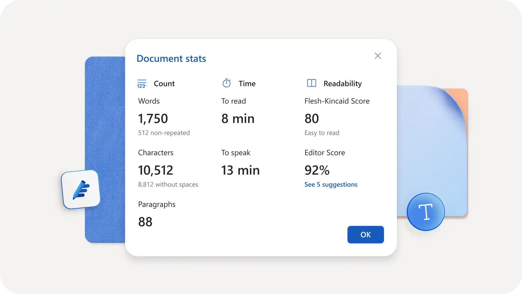 Microsoft Wordのドキュメント統計の例。