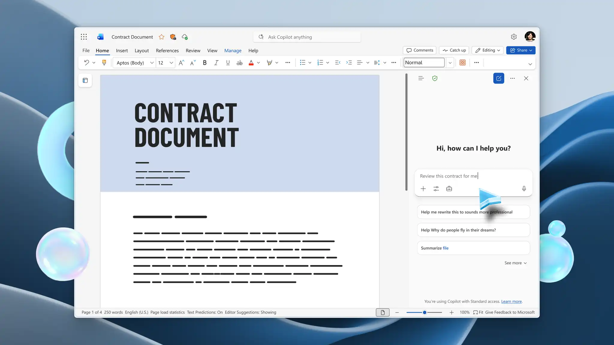 A contract review using Copilot in progress in Microsoft Word