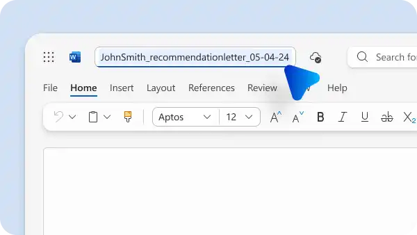 Um usuário renomeando uma carta de recomendação no Microsoft Word. 