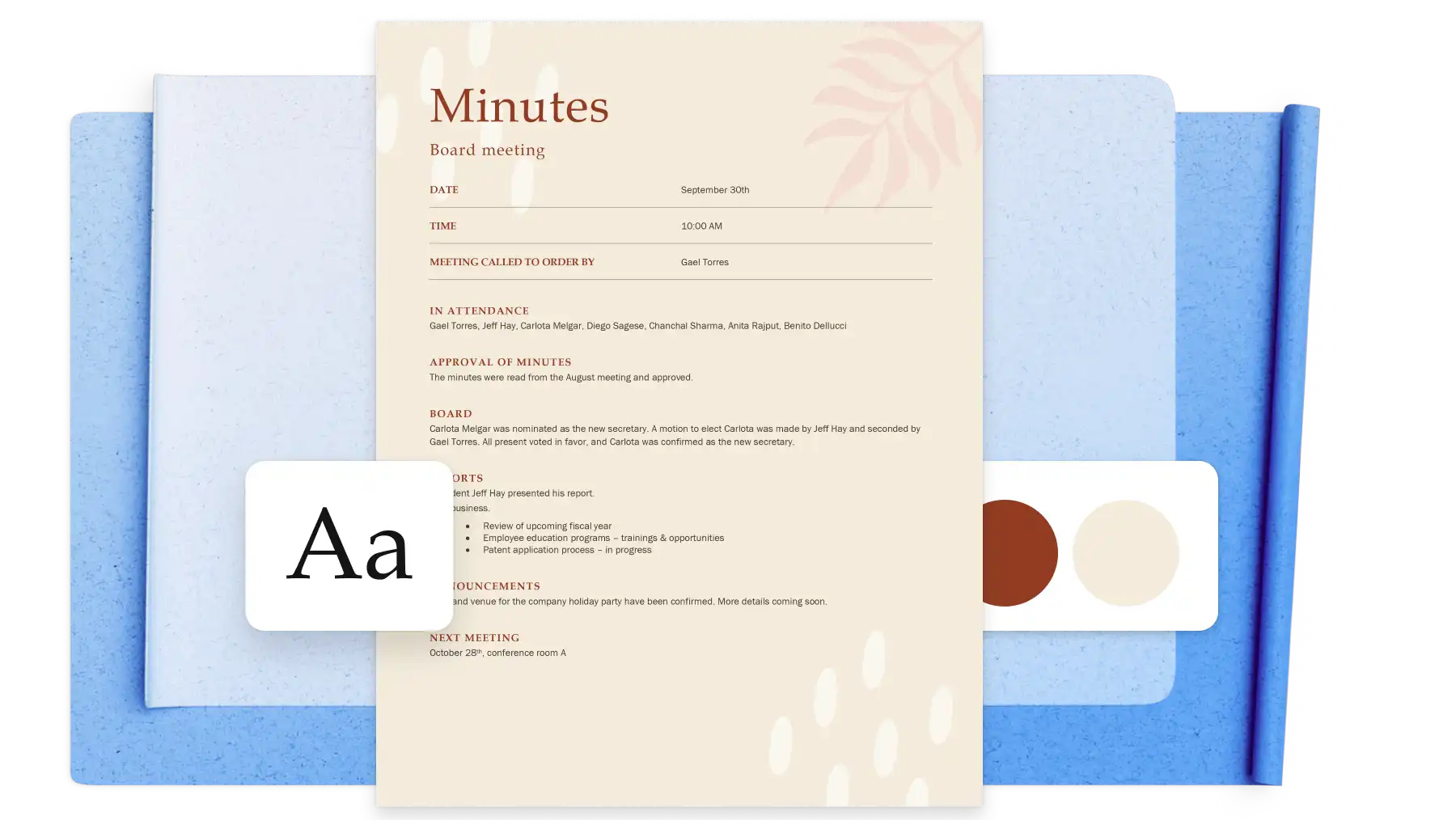 A meeting minutes template in Microsoft Word.
