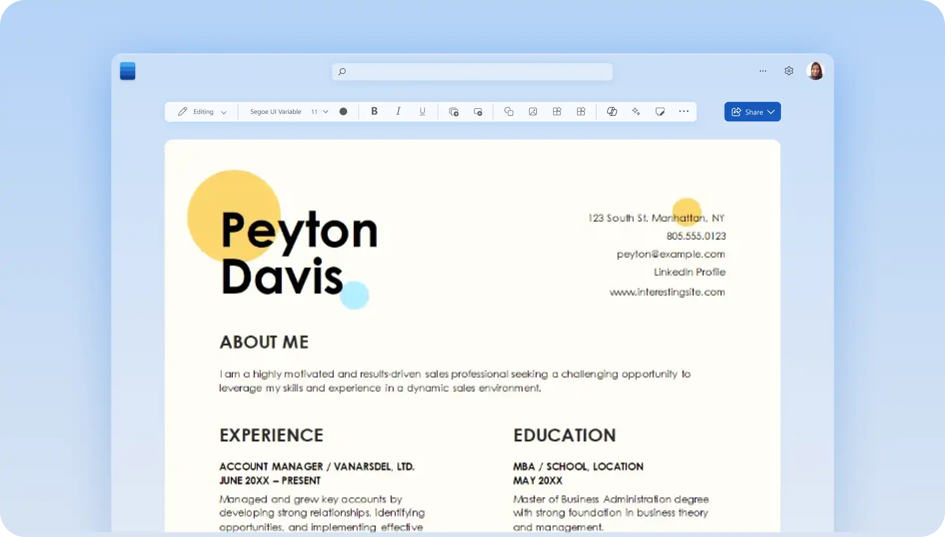 A resume made with Microsoft Word.